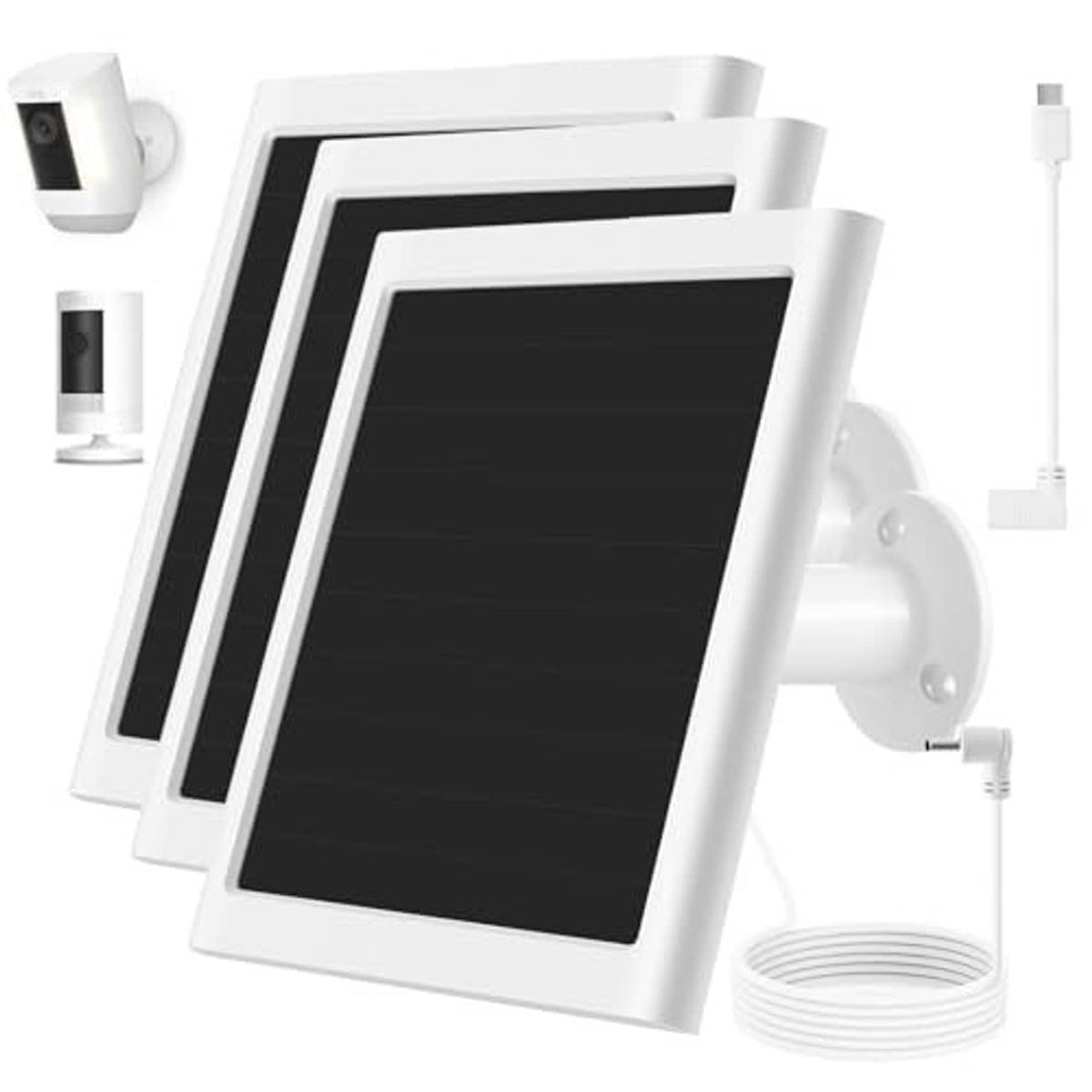 White solar panel charger kit with black solar glass, wall mounts, and charging cables