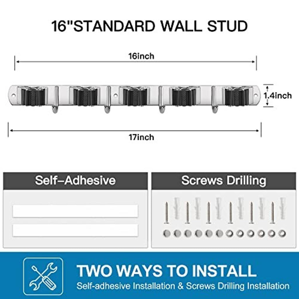 Stainless steel broom holder with row of hooks for wall mounting installation