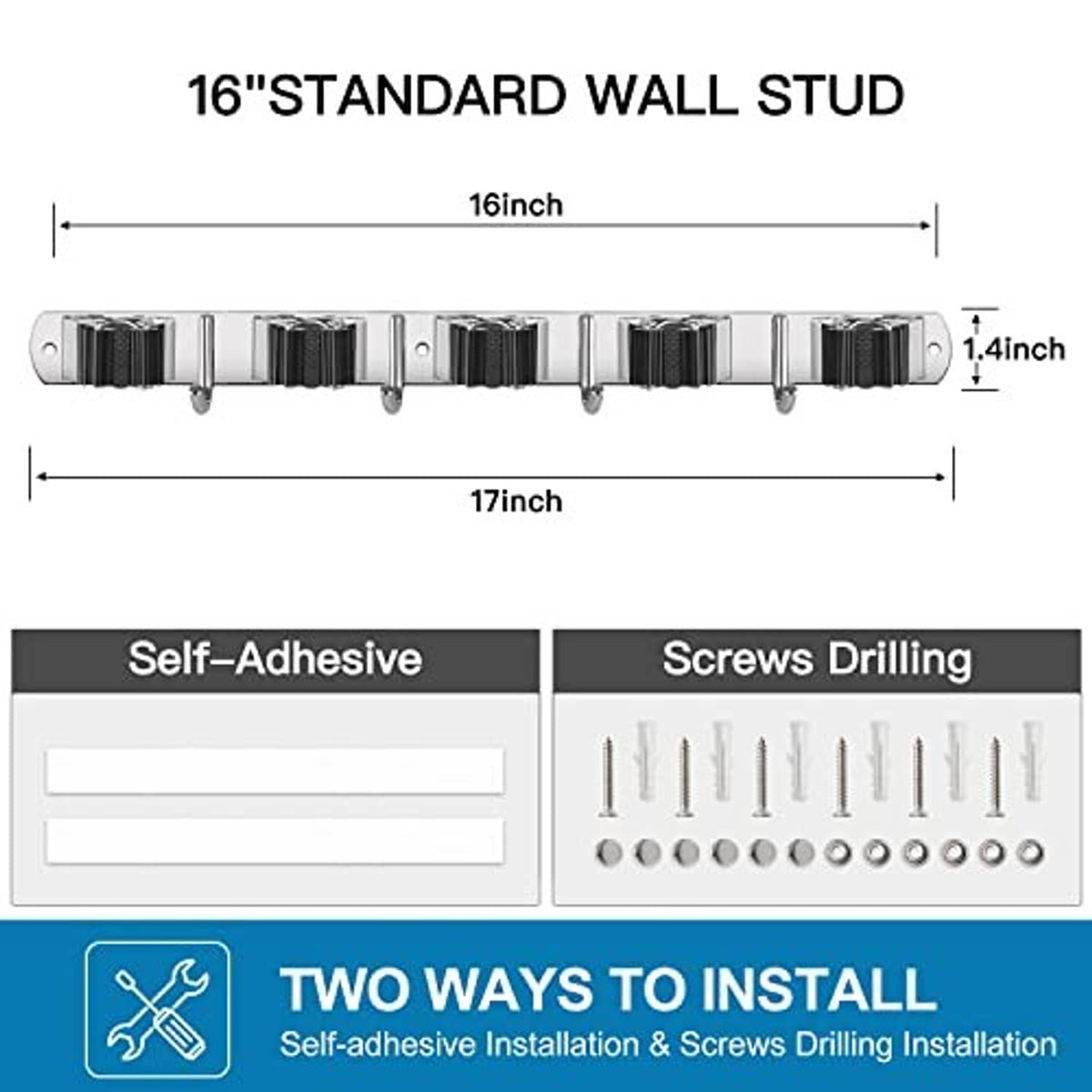 Stainless steel broom holder with row of hooks for wall mounting installation