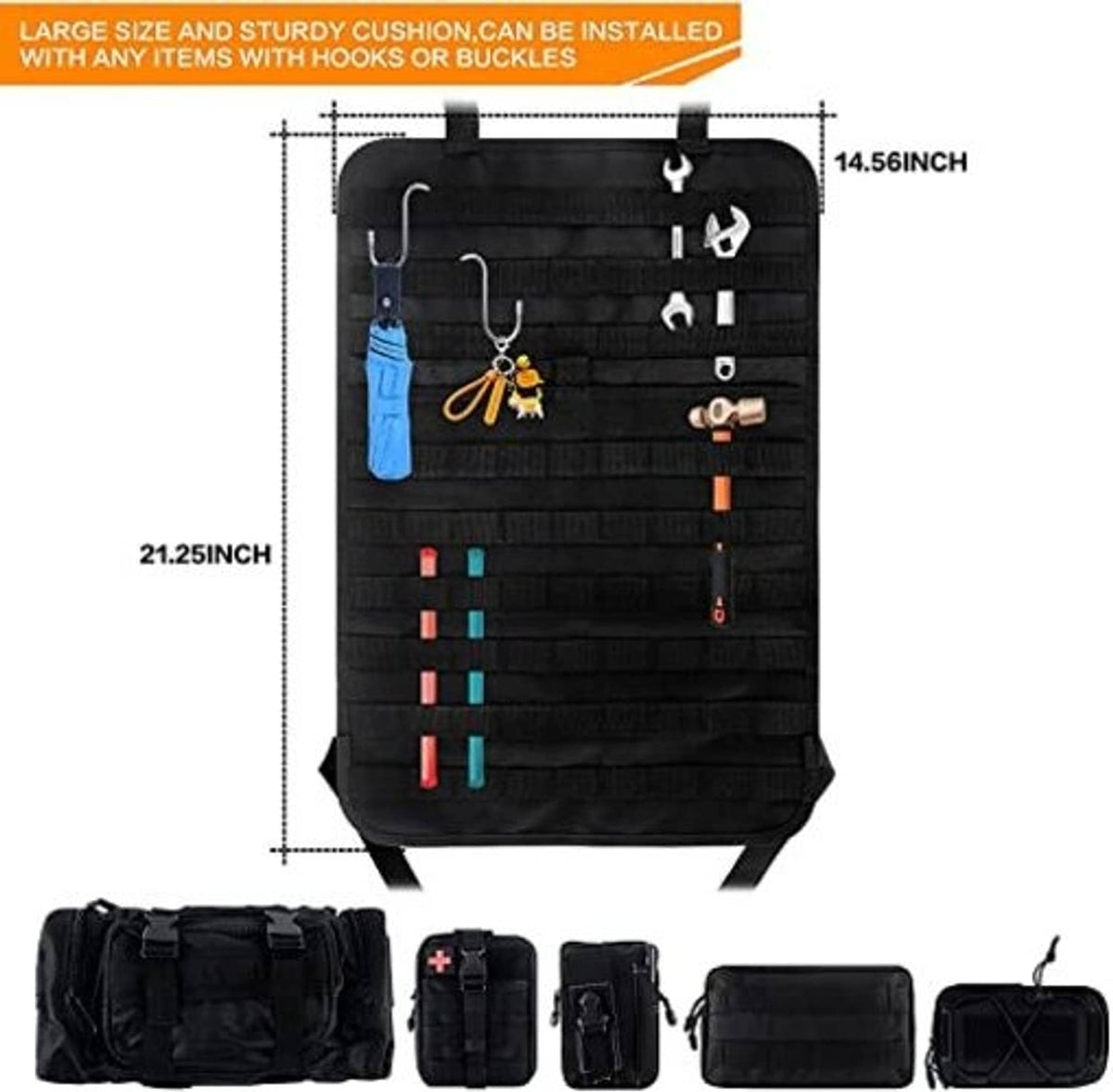 Black tactical MOLLE organizer bag with hanging straps and measured dimensions