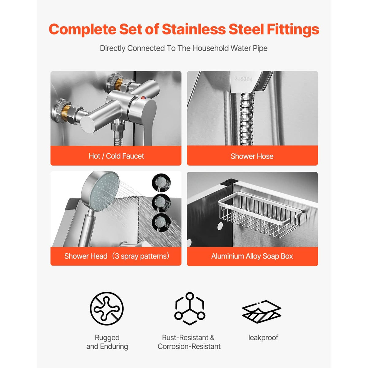Stainless steel grooming bath fittings set: hot/cold faucet, shower hose, soap box