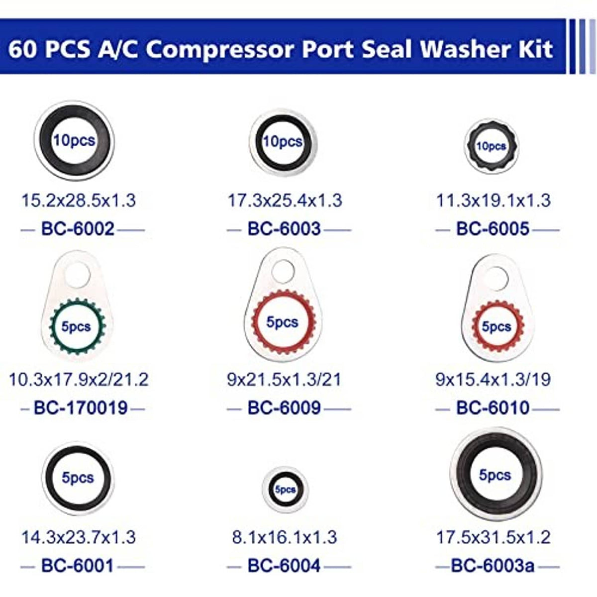 Car A/C compressor port seal washer kit with round seal washers in multiple sizes