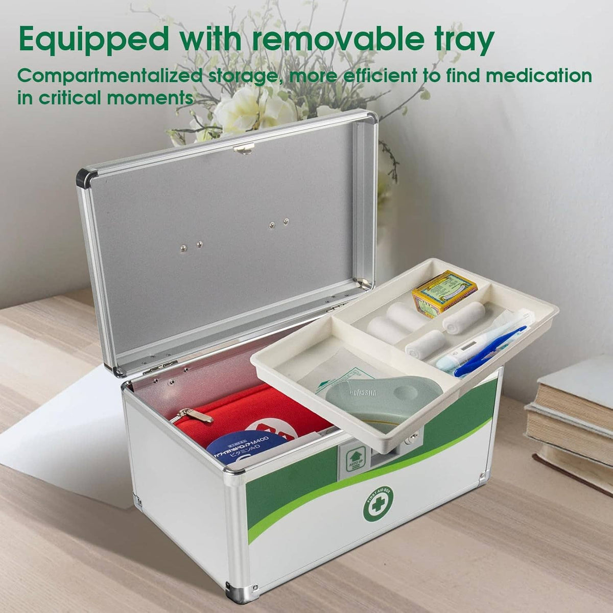 Small medicine lock box with removable tray and compartments for medication storage