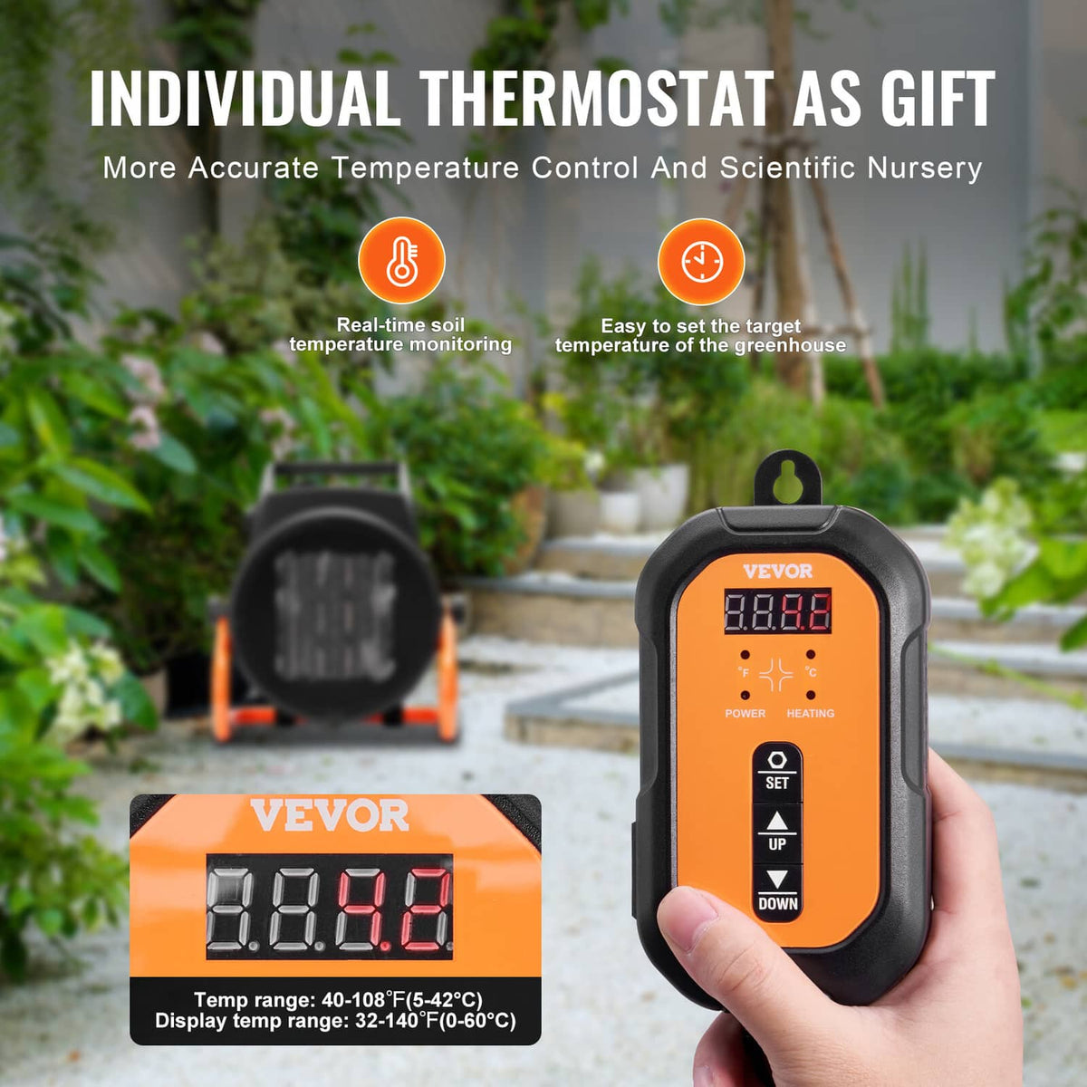 Greenhouse thermostat controller with orange display and buttons near VEVOR heater