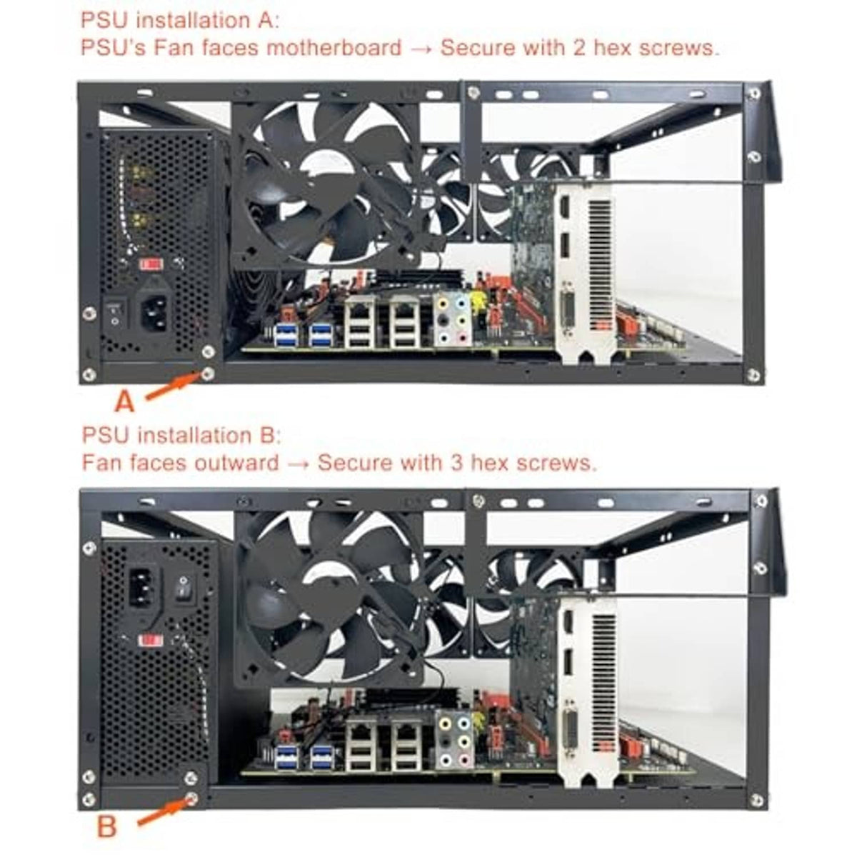 Open-frame PC case interior with PSU bay and motherboard mounting area