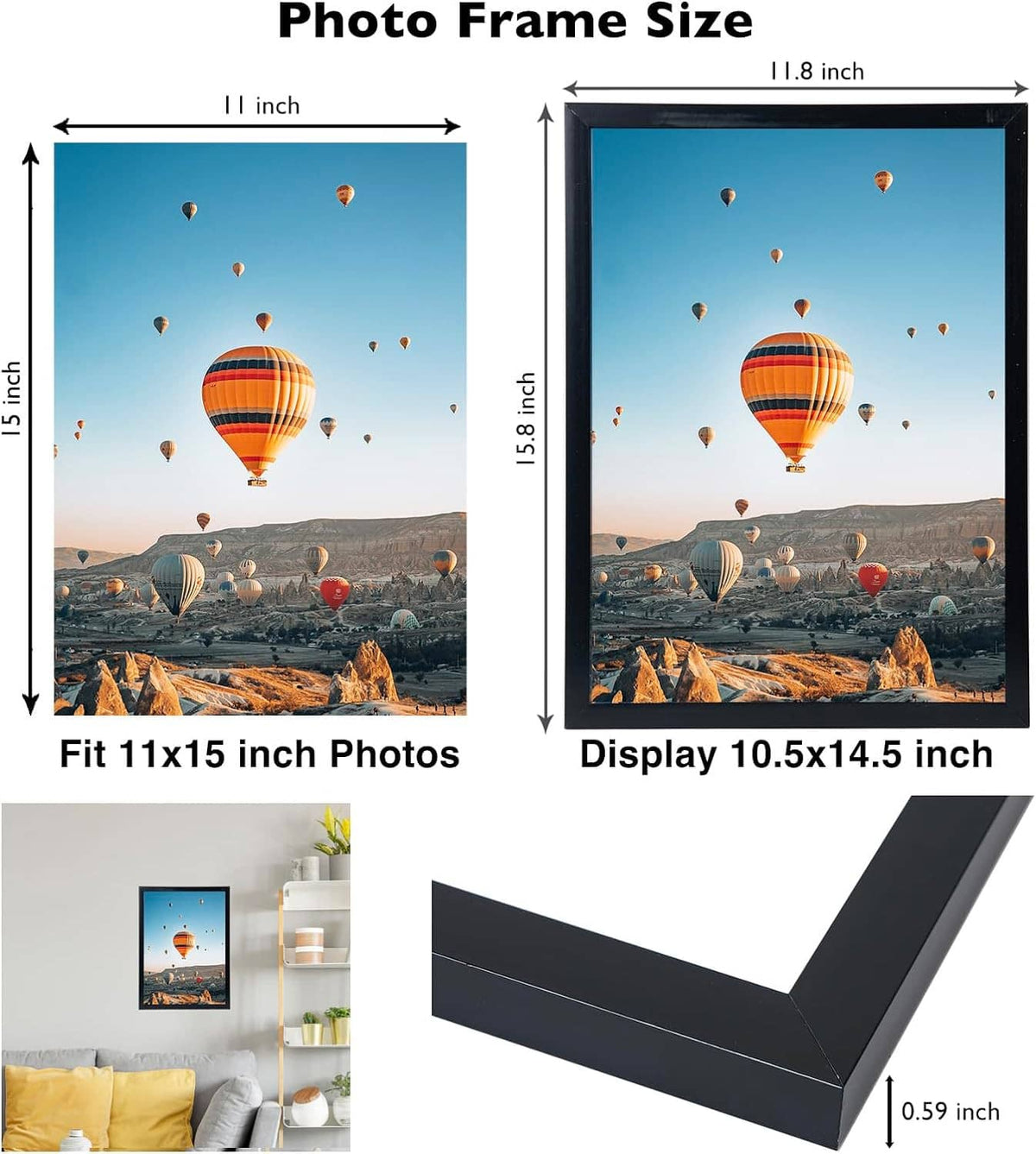 Black photo frame listing size options with hot air balloon photo, shows 11x15 inch fit