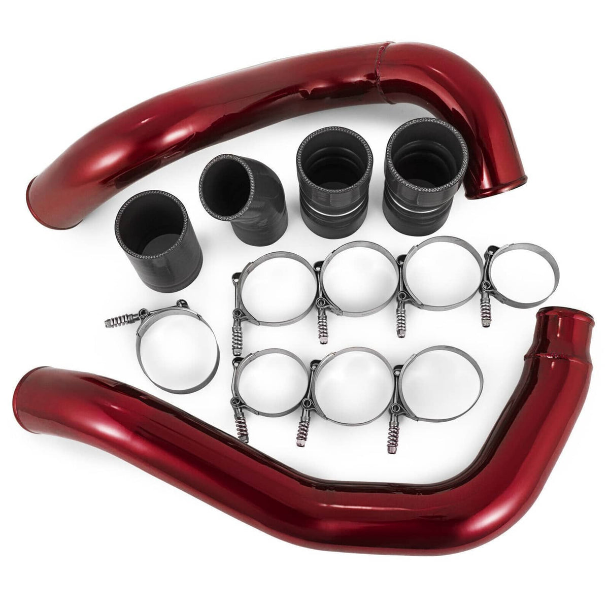 Red turbo intercooler pipe boot set with red hoses, black couplers, and stainless clamps