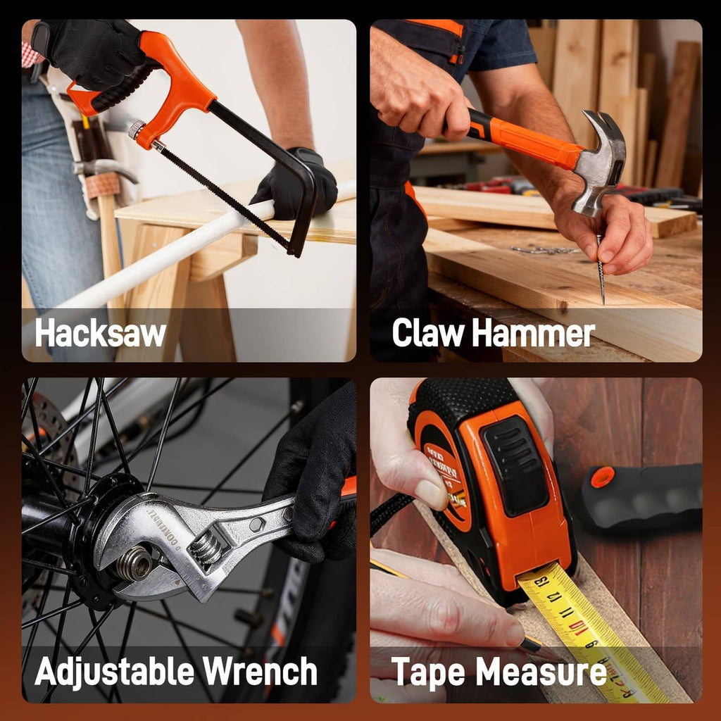 Household tool set with orange grips: hacksaw, claw hammer, wrench, tape measure