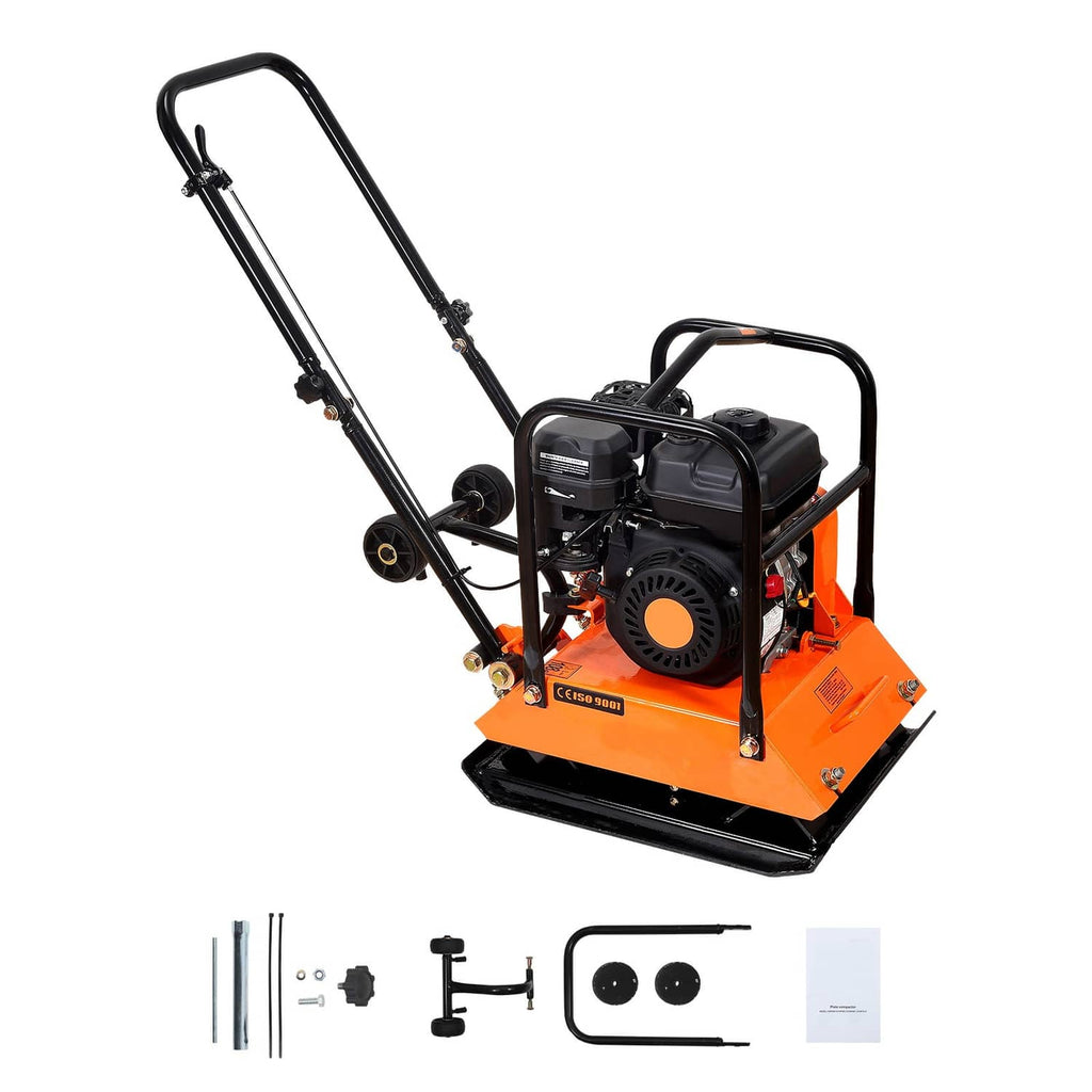 Orange and black plate compactor with extended handle and lifting frame