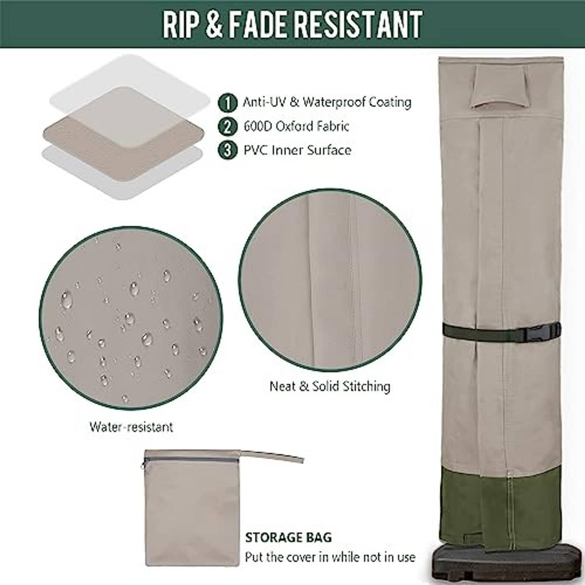Taupe outdoor umbrella cover with green bottom band; 600D fabric and coating callouts