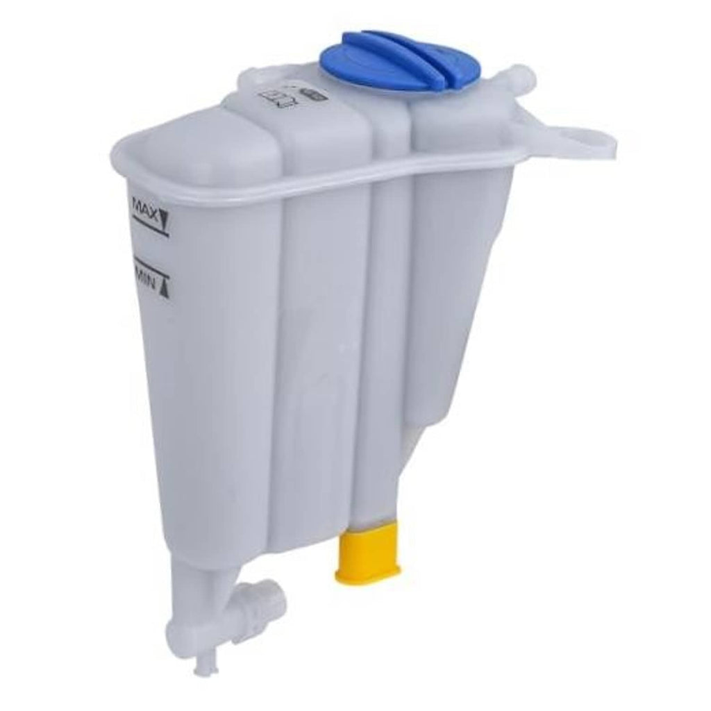 White engine coolant reservoir tank with blue cap and yellow outlet port, sensor included.