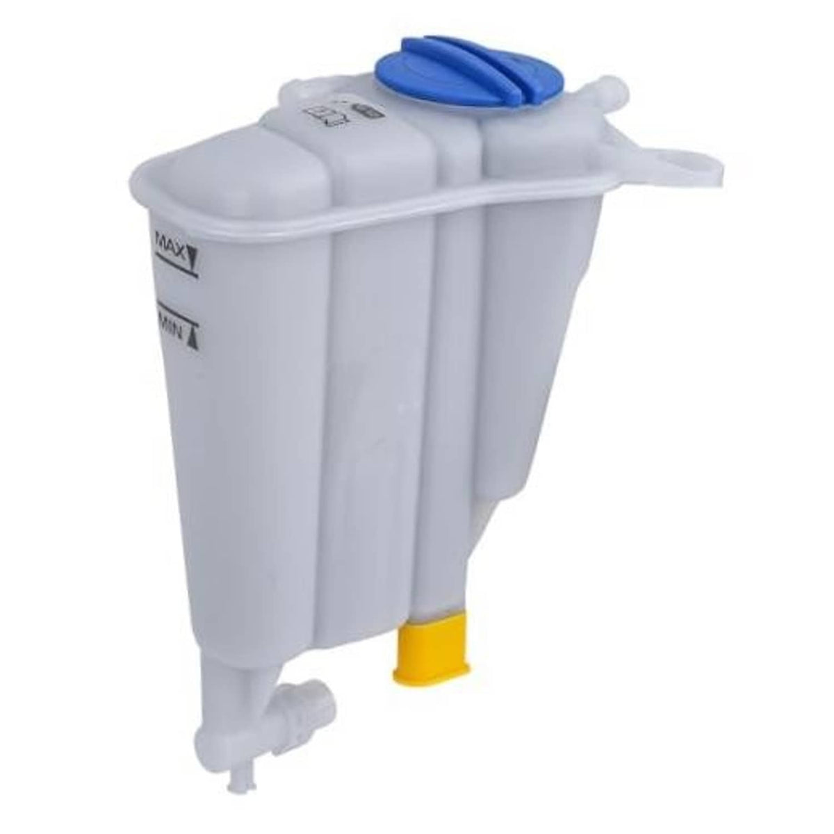 White engine coolant reservoir tank with blue cap and yellow outlet port, sensor included.