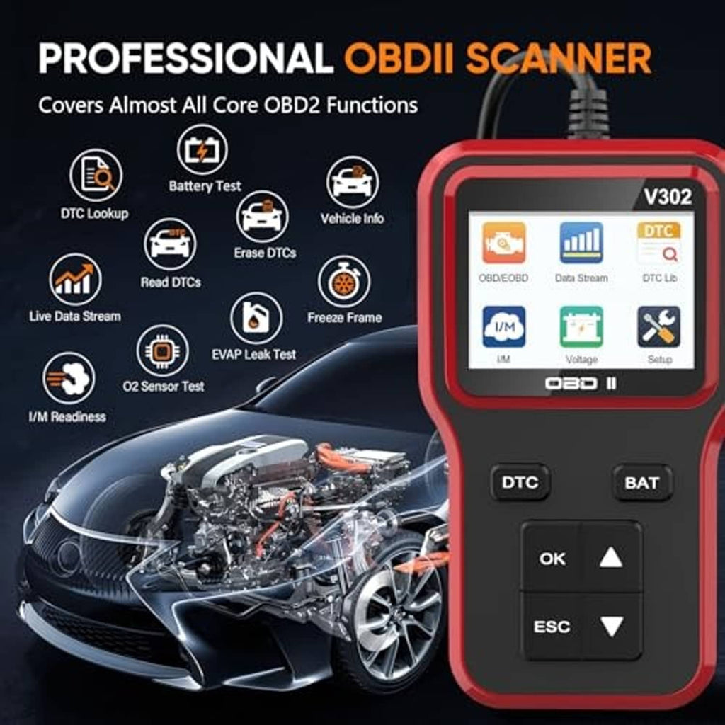 Red handheld OBD2 scanner with V302 display and keypad buttons