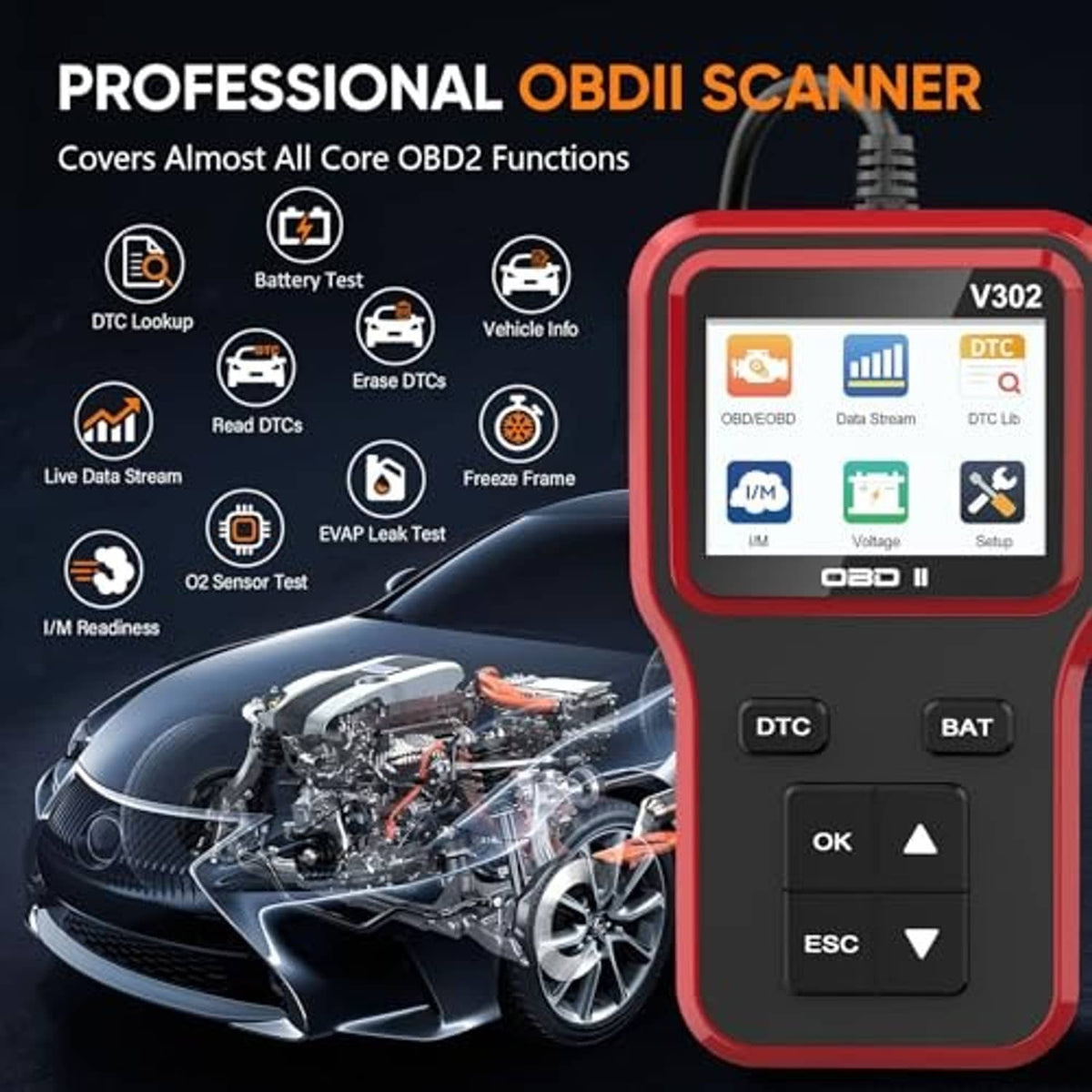 Red handheld OBD2 scanner with V302 display and keypad buttons