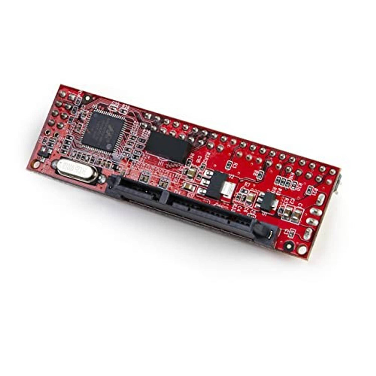 Red circuit board adapter with 40-pin PATA connector and multi-chip components