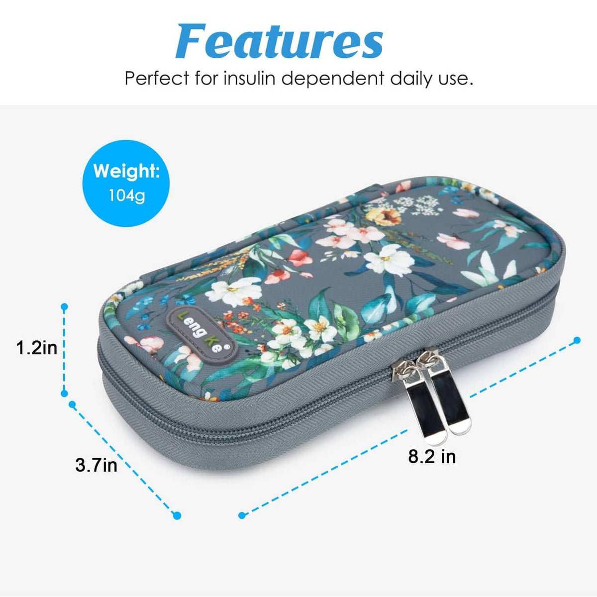 Grey and floral insulin cooler case with dual zipper and metal pull tabs