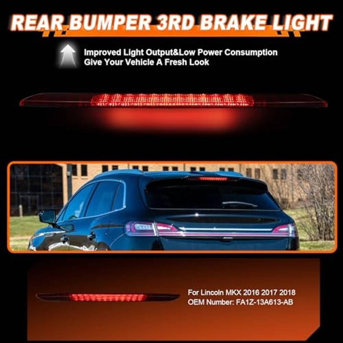 Red LED rear bumper 3rd brake light bar with slim strip and center lens