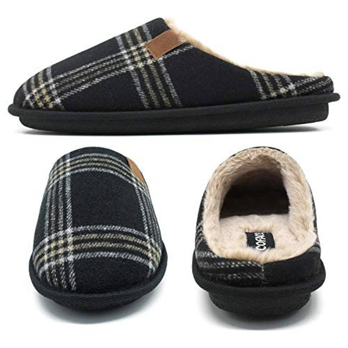 Men’s plaid scuff slippers shown side and heel with tan faux-fur lining