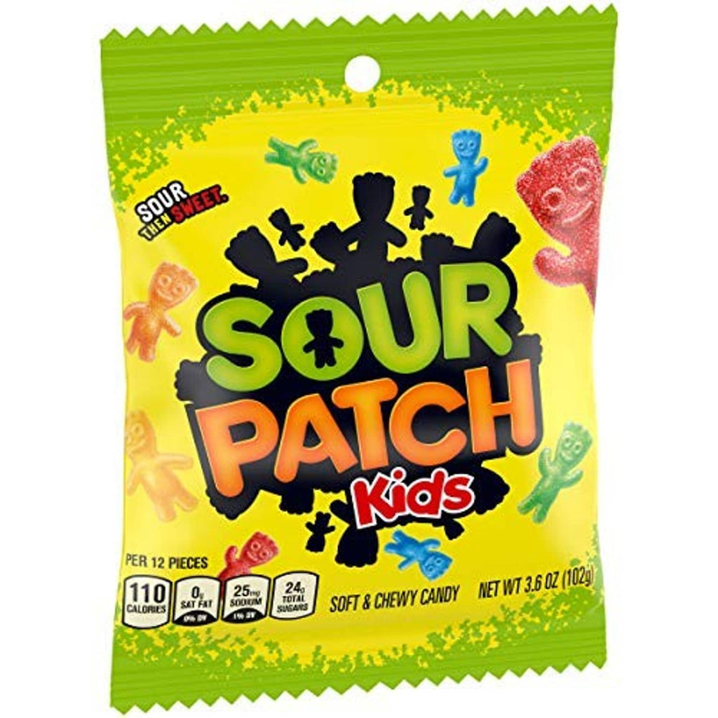 Sour candy bag front with Sour Patch Kids logo and green-yellow character icons