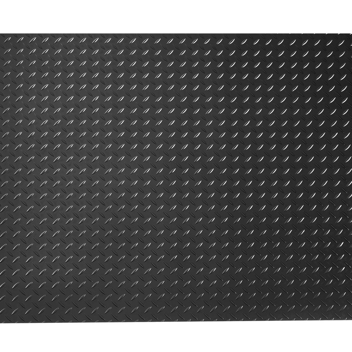 Black rubber garage floor mat close-up with raised diamond pattern texture