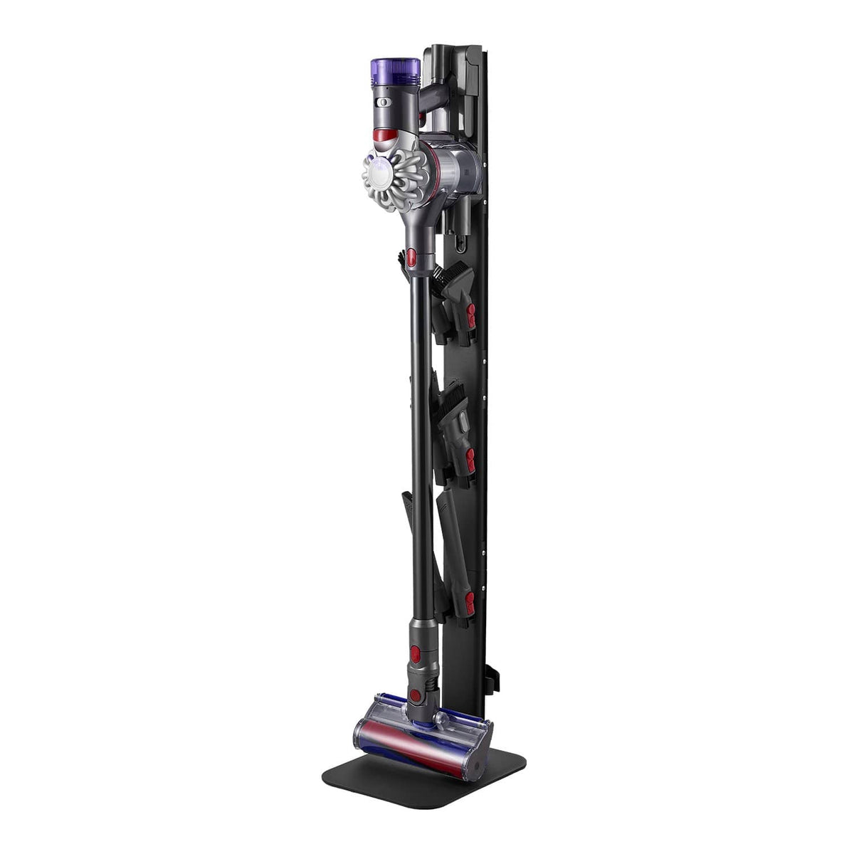 Black upright vacuum stand with base and vertical accessory holders for docked storage