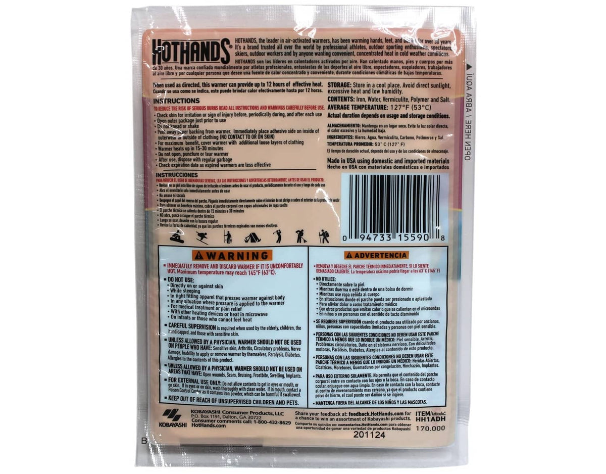 Orange HOT HANDS Stick-On body warmer pack, back label with warnings and instructions