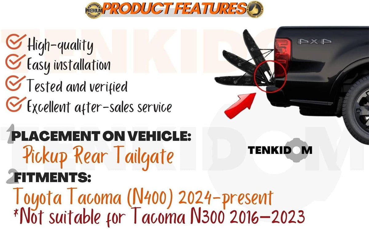 Tailgate assist shock features graphic with vehicle placement and fitment info