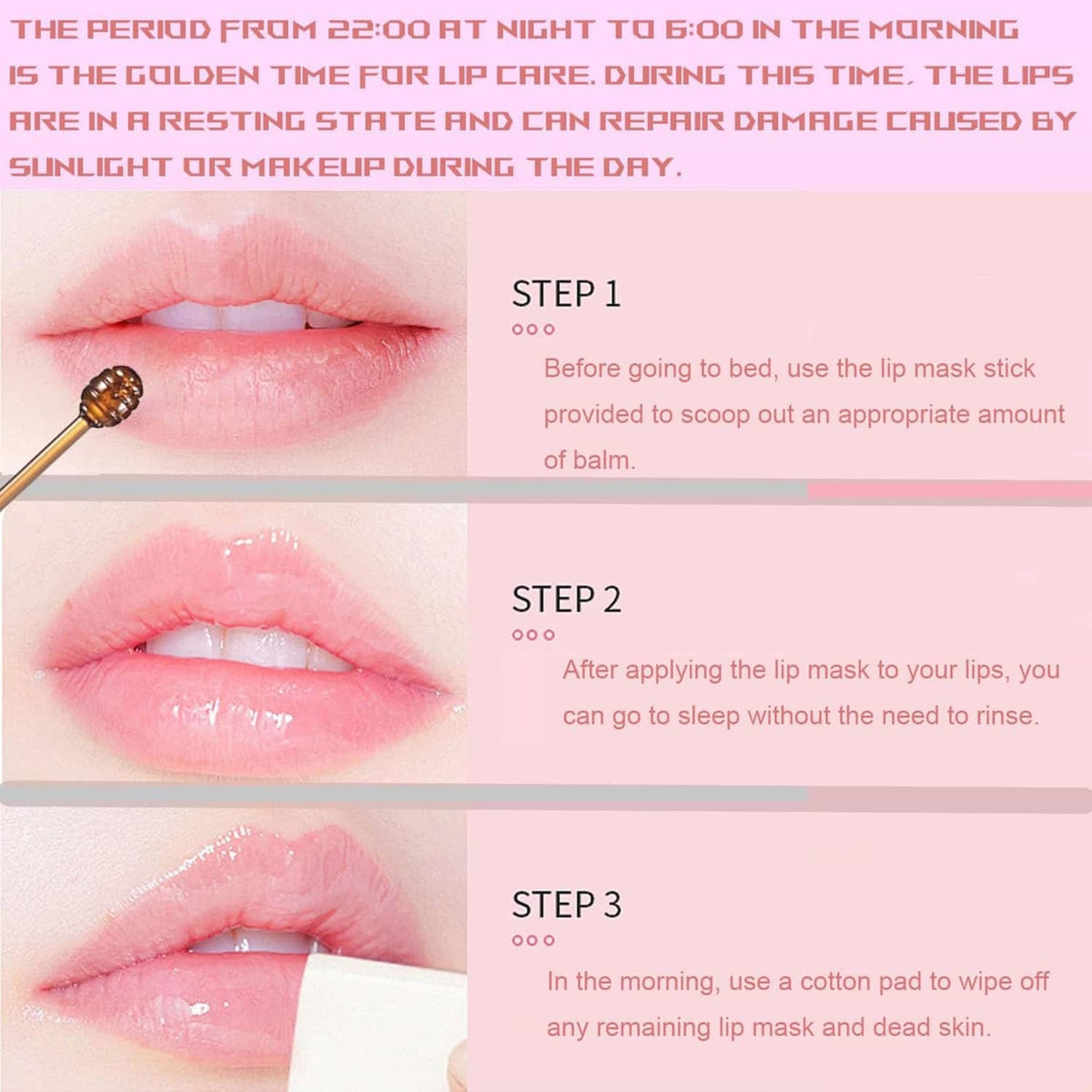 Lip mask balm shown on lips with lip-care steps and applicator