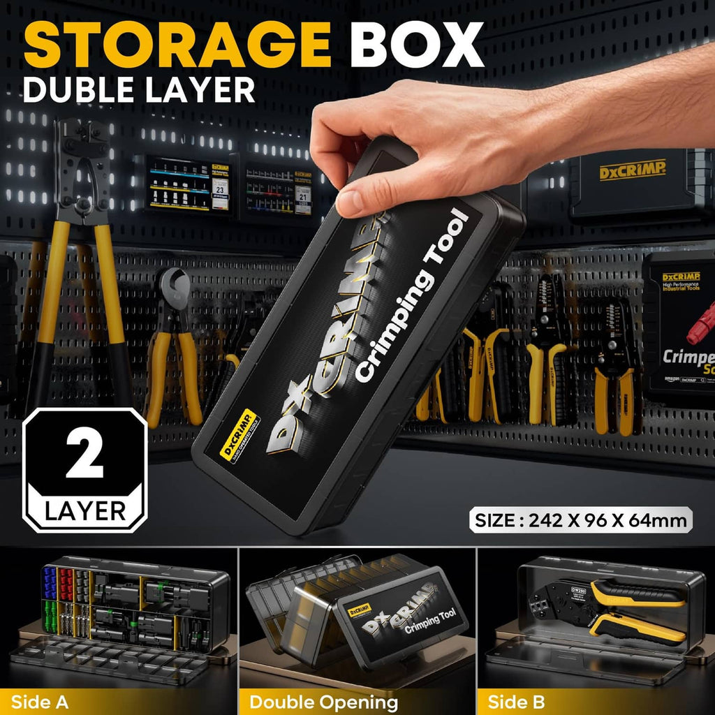Double-layer storage box with black DxCRIMP tool case and crimping tools