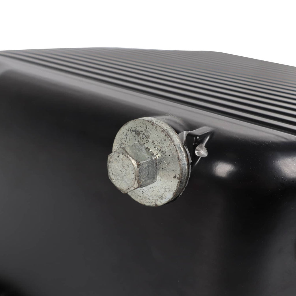 Black oil pan top corner with mounting bolt and screw plate
