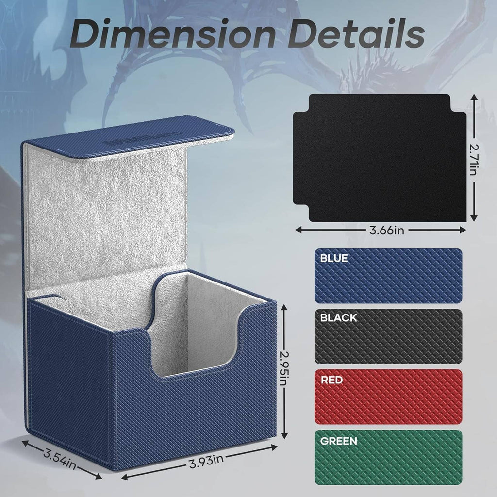 Blue textured card deck box with gray interior divider, open top storage for sleeved cards.