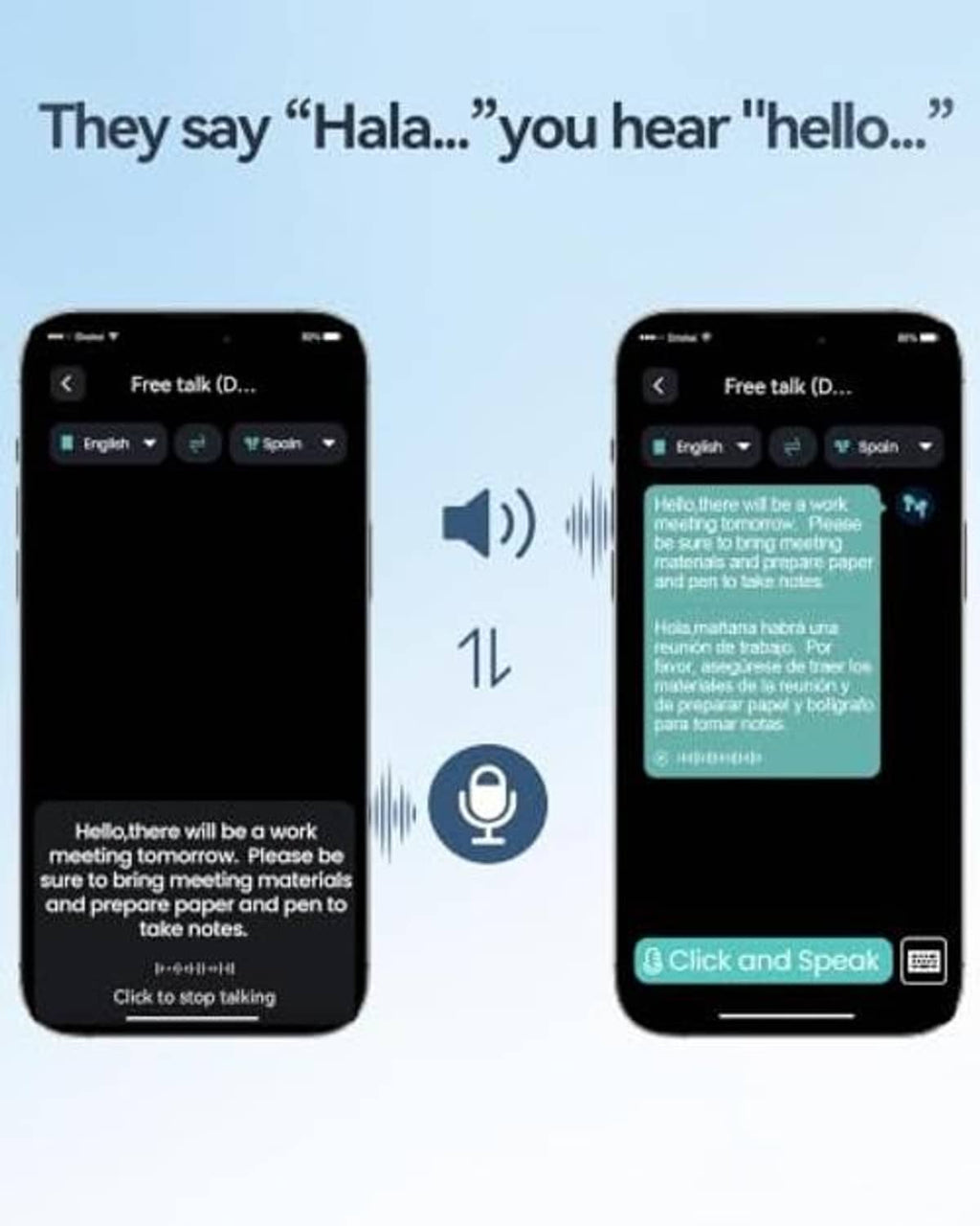 Black earbuds with two smartphone screens showing translated speech and mic icon.