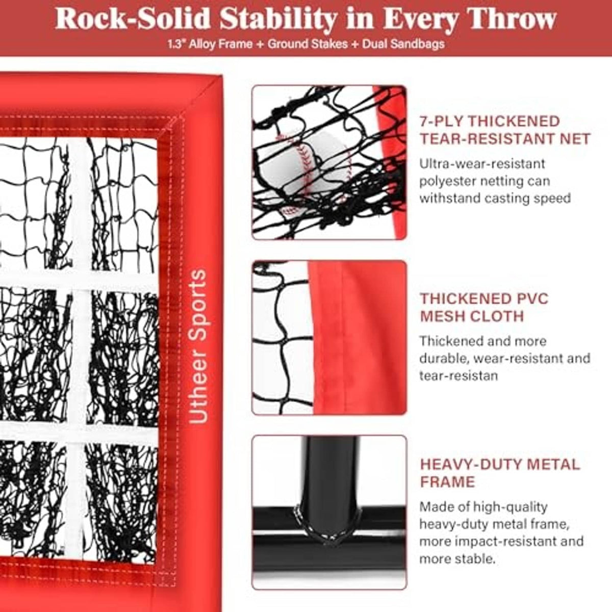 Red pitching net with tear-resistant black netting and thick PVC mesh panels