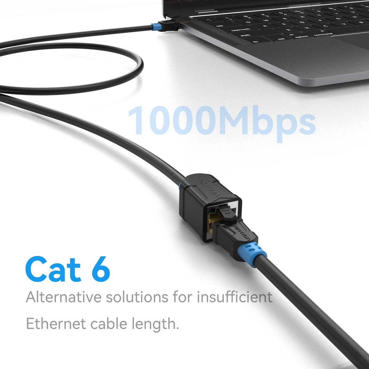 Black Cat 6 RJ45 extension cable with blue strain relief, showing both plug ends