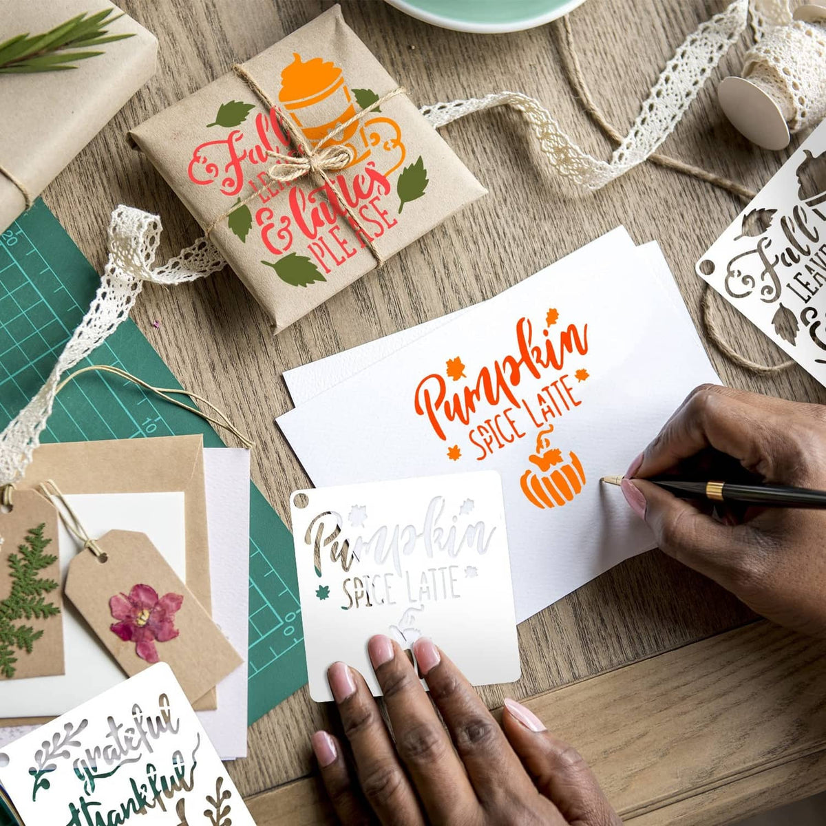 Set of small fall stencil cards, including pumpkin spice and leaf motifs