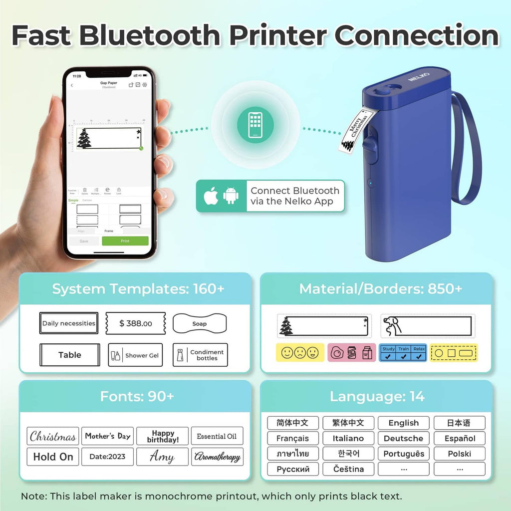 Blue Bluetooth label maker with app connection diagram and template feature cards