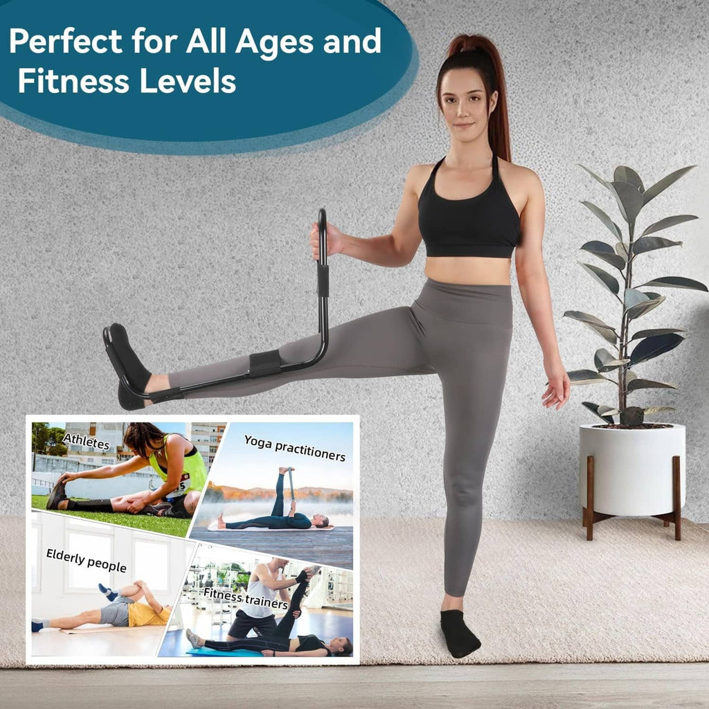 Black hamstring stretcher with foot platform and padded ankle strap loops