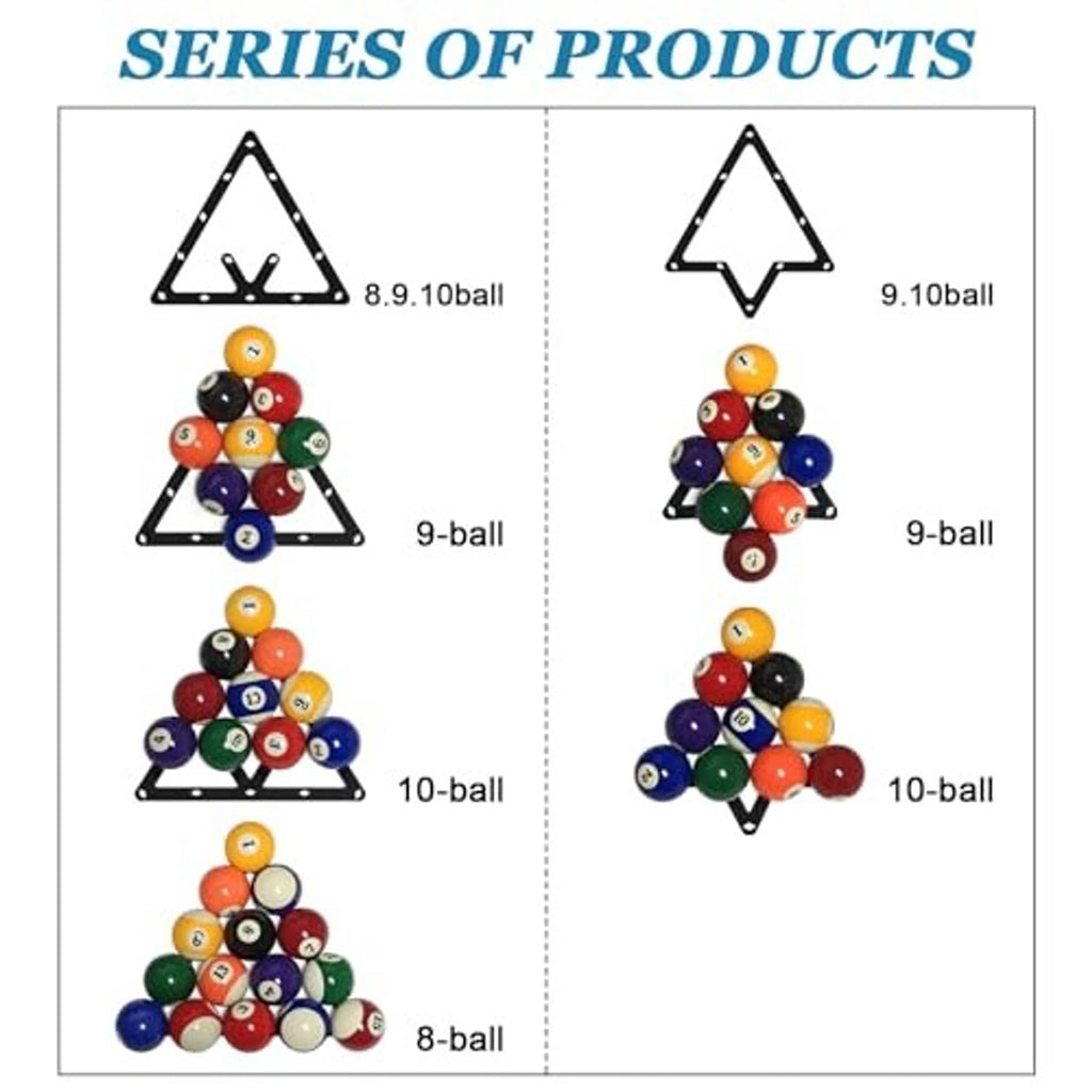 Triangular billiard ball racks shown with different ball-count layouts
