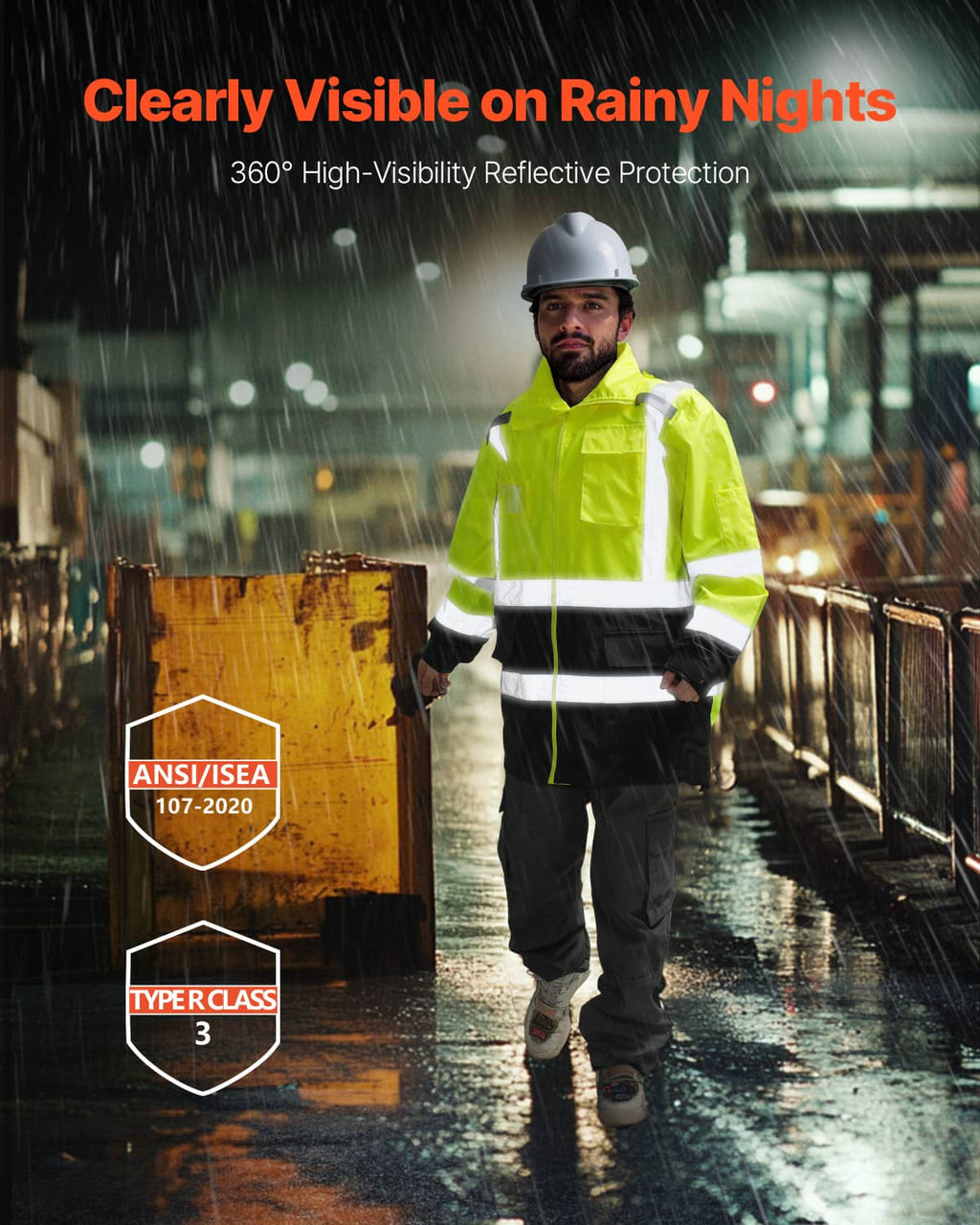 High-visibility reflective safety jacket with hood, bright yellow upper and black lower
