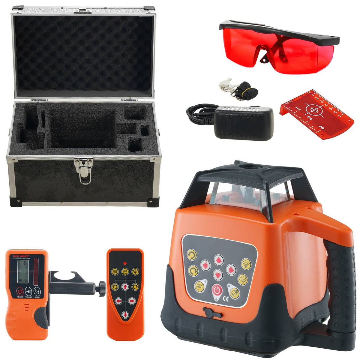 Orange rotary laser level kit with carrying case, remote, and red protective glasses