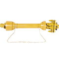 Yellow PTO drive shaft with slip clutch, telescoping tube and chain guard, dual spline ends