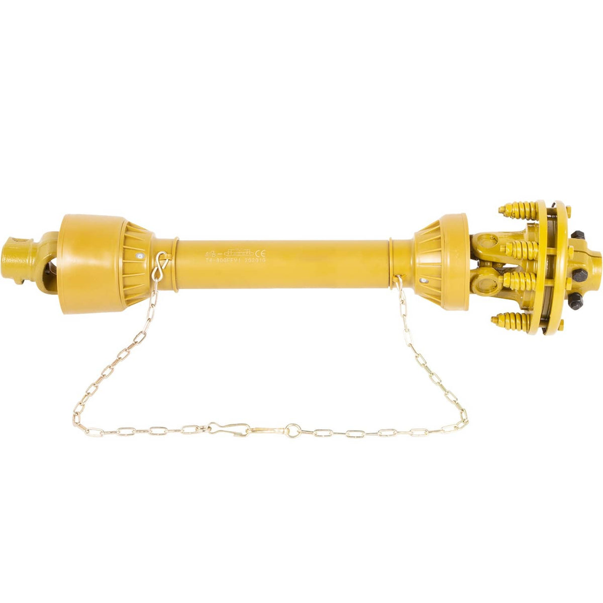 Yellow PTO drive shaft with slip clutch, telescoping tube and chain guard, dual spline ends