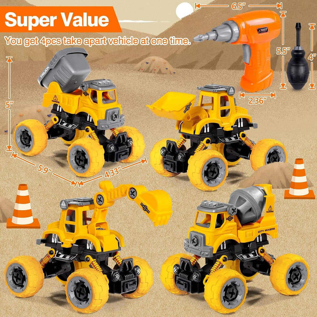 Set of four take-apart construction vehicles in yellow and gray with orange drill driver