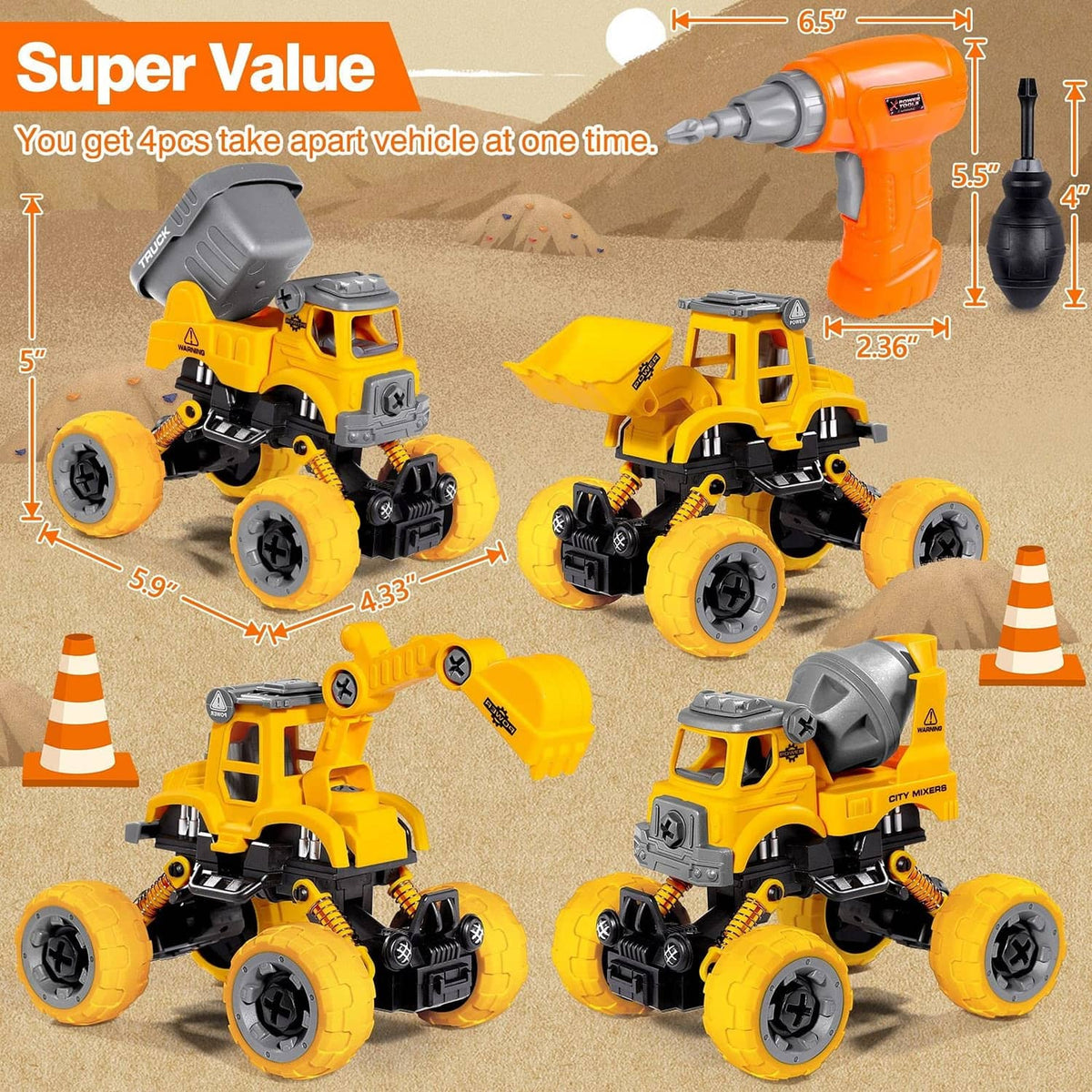 Set of four take-apart construction vehicles in yellow and gray with orange drill driver