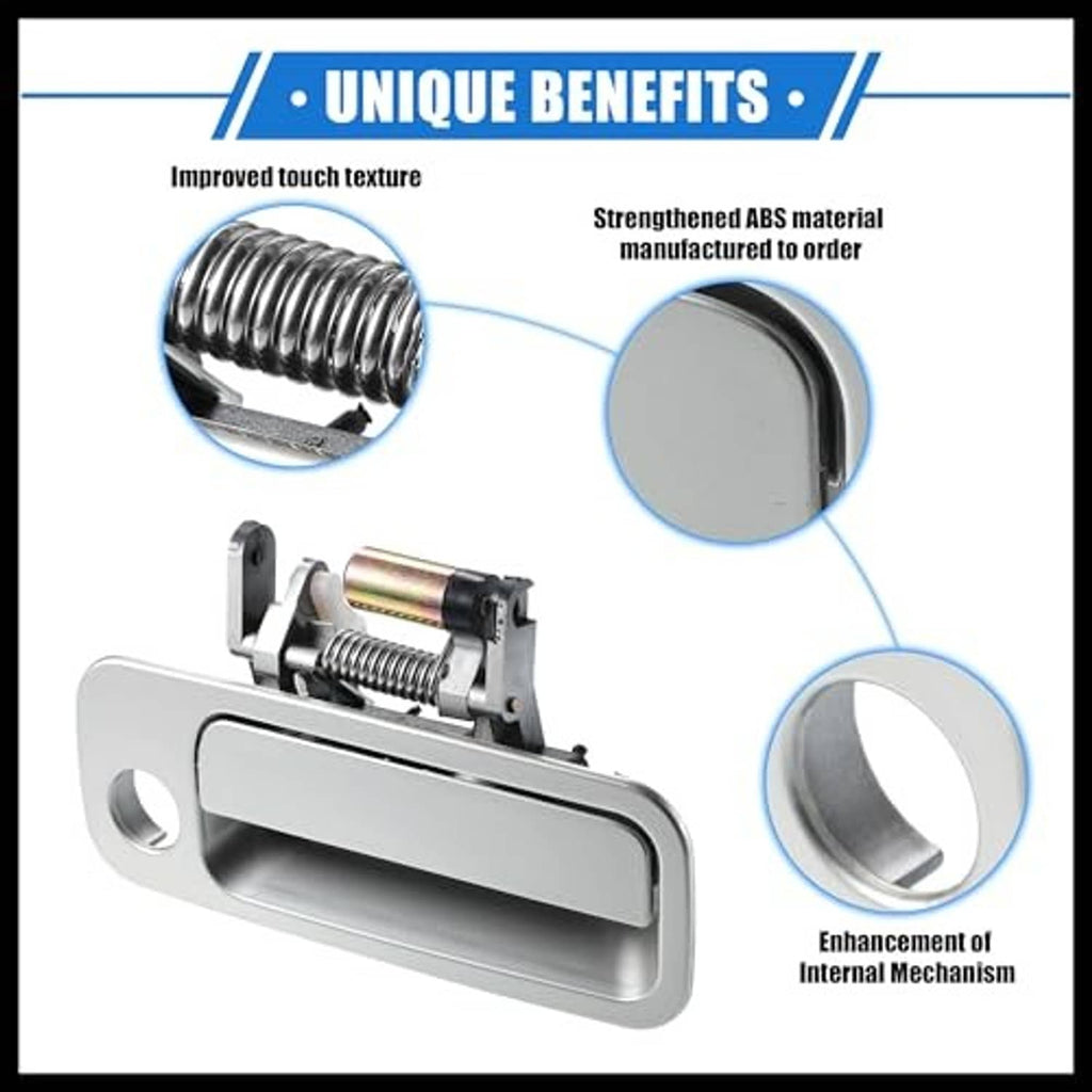 Exterior door handle for front right passenger side, silver-gray finish with internal mechanism