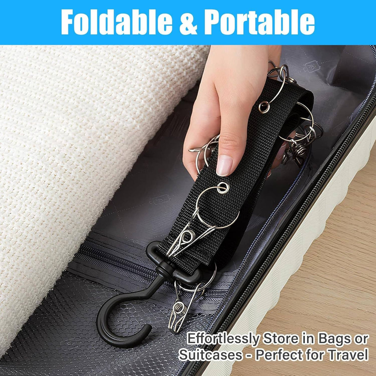 Foldable hat organizer strap with clips stored inside a suitcase pocket