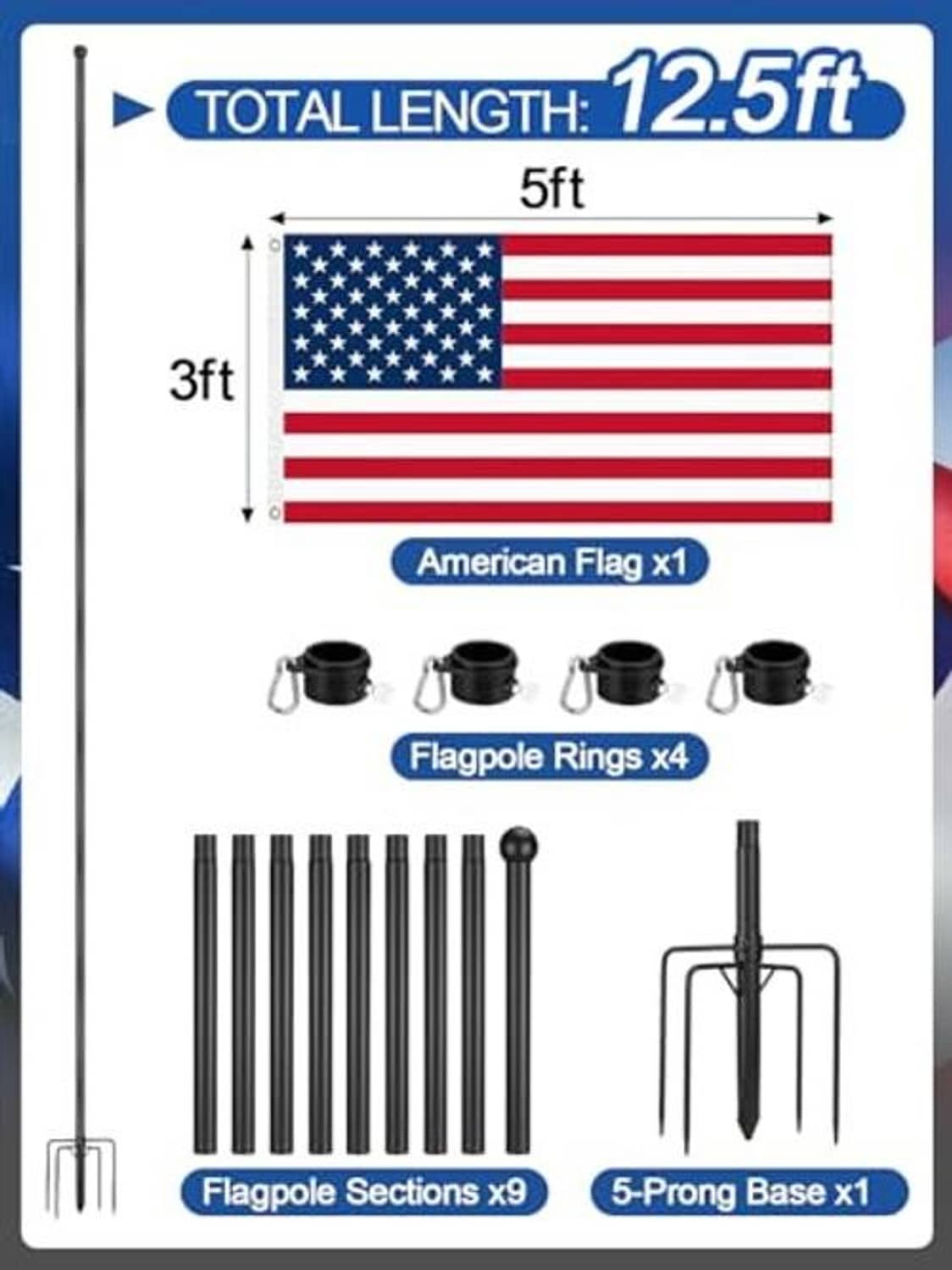 Flag pole kit with multiple pole sections, rings, and five-prong base