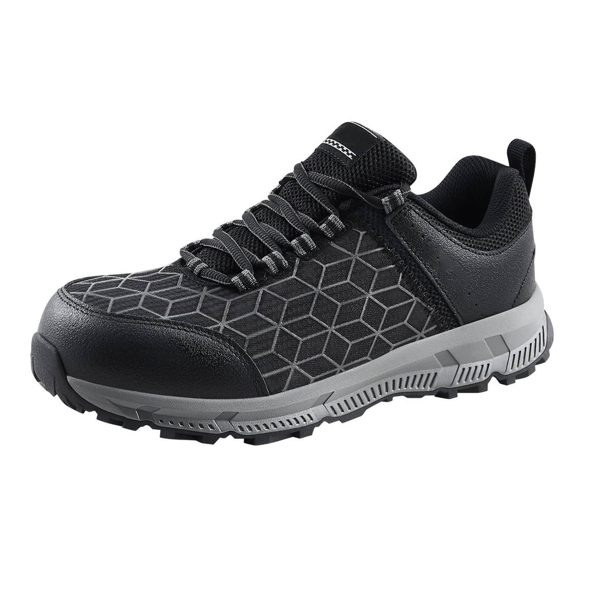 Black lace-up athletic work sneaker with geometric upper design and thick tread sole