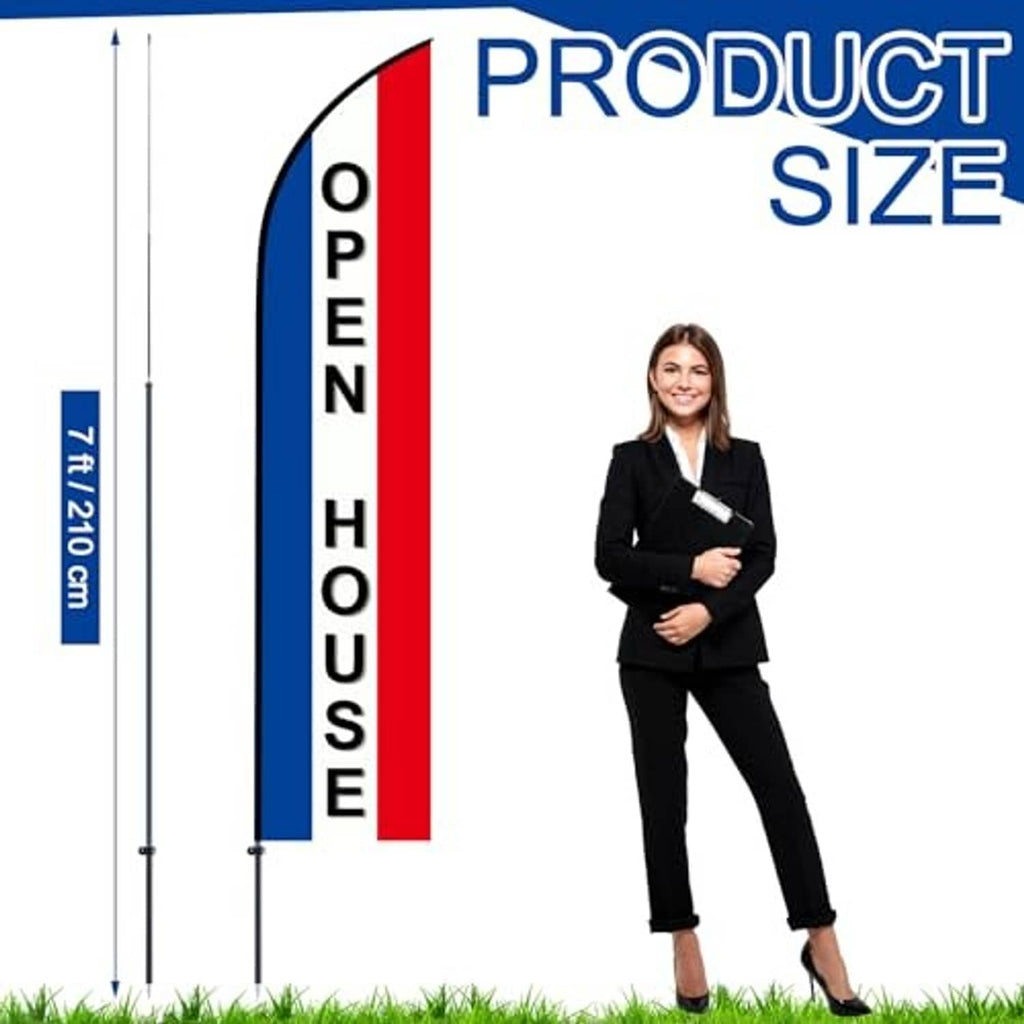7.1 ft feather flag with OPEN HOUSE text on black, blue, and red panels