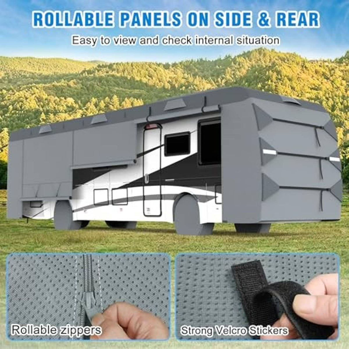 Grey RV cover with rollable side and rear panels, zippers and Velcro closures